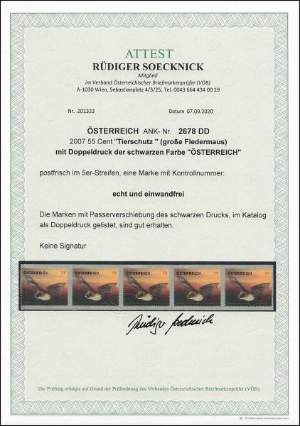 ANK 2678 DD. 5er Streifen Doppeldruck "Bartfledermaus"